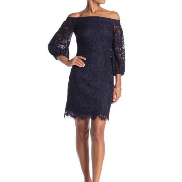 NWOT Trina Turk Dark Blue Lace Off Shoulder Dress - Picture 2 of 14